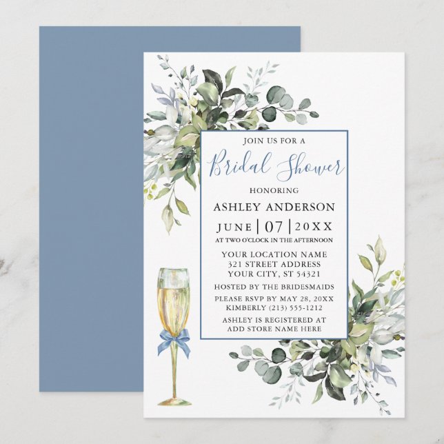 Watercolor Greenery Glass Shower Dusty Blue Invitation (Front/Back)