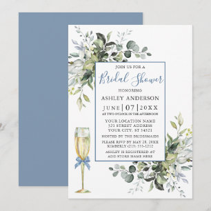 Watercolor Greenery Glass Shower Dusty Blue Invitation