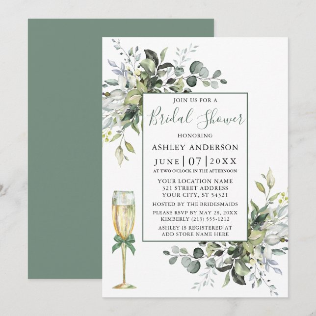Watercolor Greenery Glass Shower Sage Green Invitation (Front/Back)