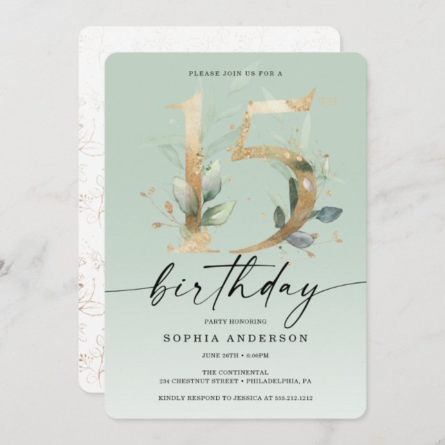 Watercolor Greenery Gold 15th Birthday Party Invit Invitation (Front/Back)