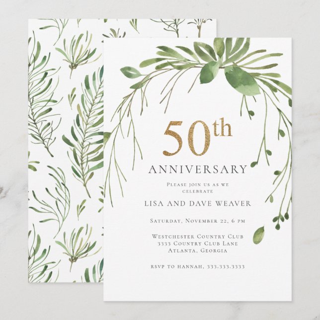 Watercolor Greenery Gold 50th Anniversary Invitation (Front/Back)