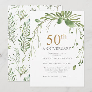 Watercolor Greenery Gold 50th Anniversary Invitation