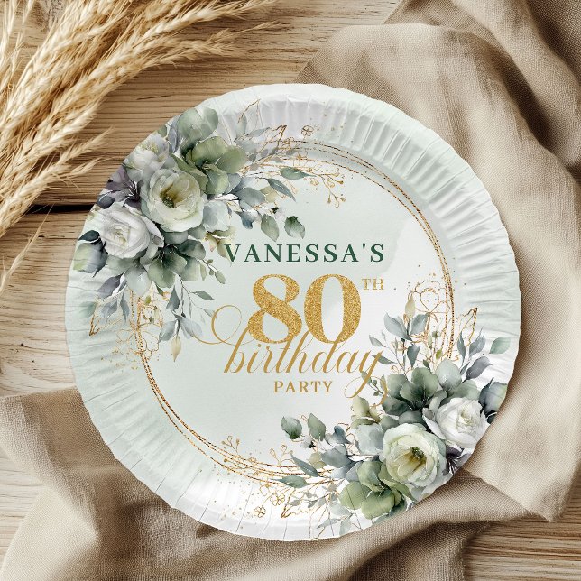 Watercolor Greenery Gold 80th Birthday Event Plate (Watercolor Greenery Gold 80th Birthday Event Plates)