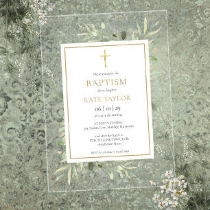 Watercolor Greenery Gold Baptism Christening Acrylic Invitations