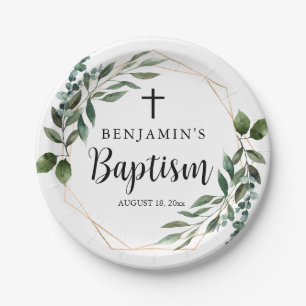 Watercolor Greenery Gold Baptism Paper Plate