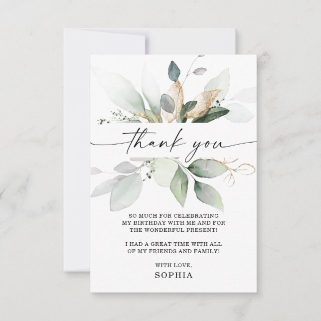 Watercolor Greenery Gold Birthday Thank You Card (Front)