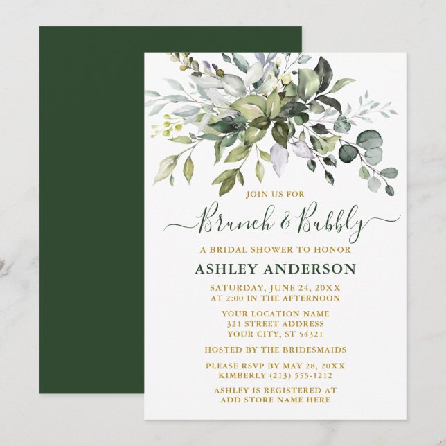 Watercolor Greenery Gold Bridal Brunch Bubbly  Invitation (Front/Back)