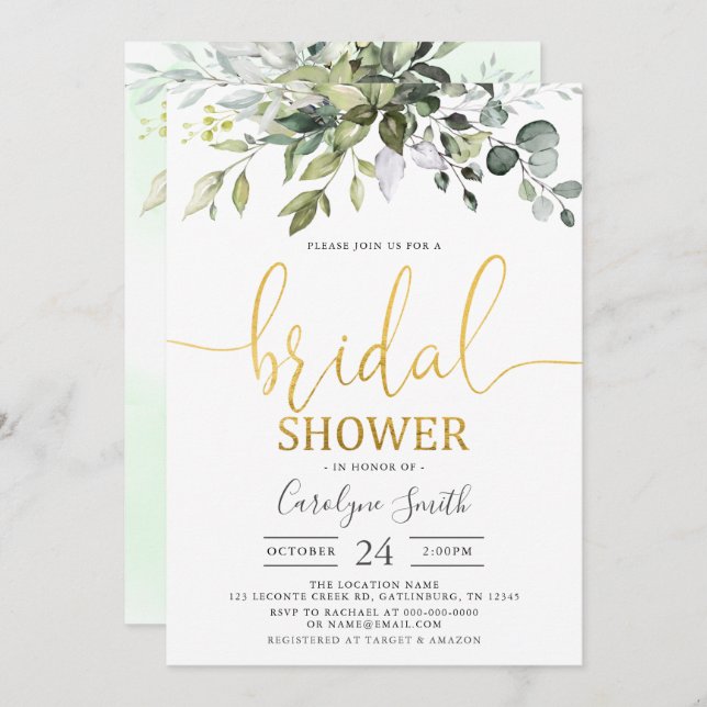 Watercolor Greenery Gold Bridal Shower Invitation (Front/Back)
