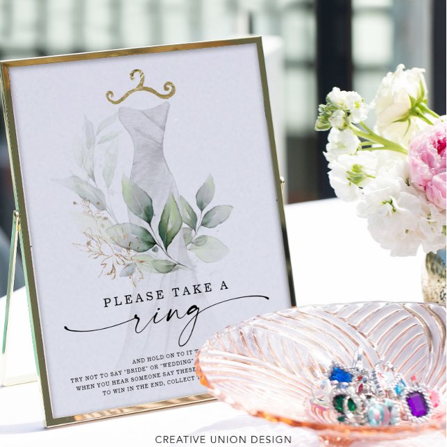 Watercolor Greenery Gold Bridal Shower Ring Game Poster (Creator Uploaded)