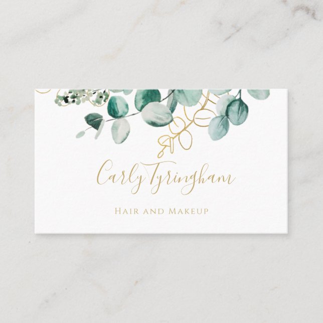 Watercolor Greenery Gold Business Card (Front)