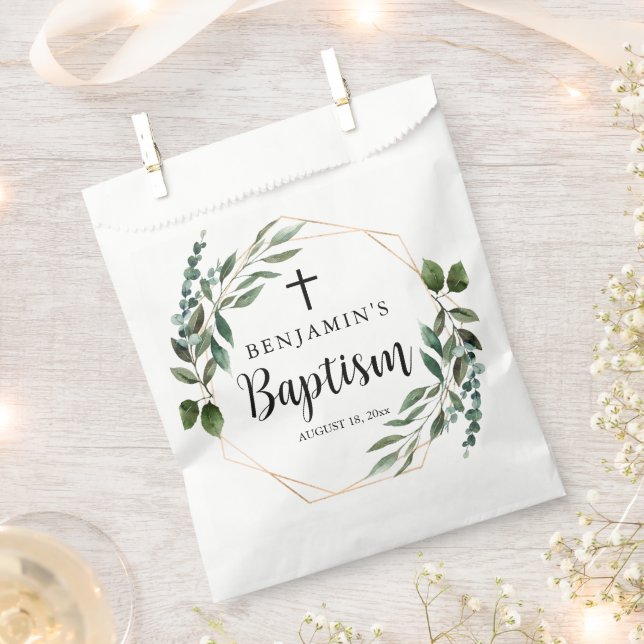 Watercolor Greenery Gold Cross Baptism Favour Bags (Clipped)