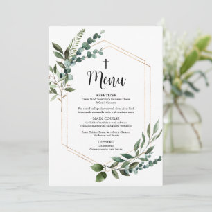 Watercolor Greenery Gold Cross Baptism Menu Cards