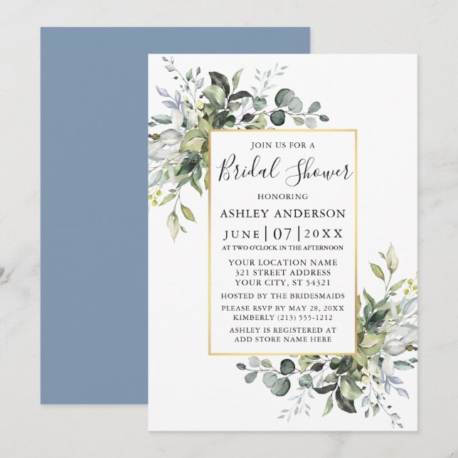  Watercolor Greenery Gold Dusty Blue Shower Invitation (Front/Back)