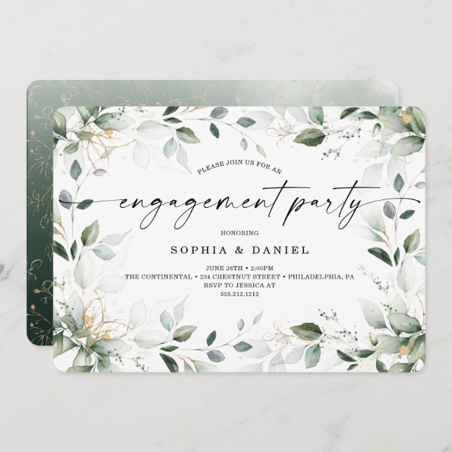 Watercolor Greenery Gold Engagement Party Invitation (Front/Back)