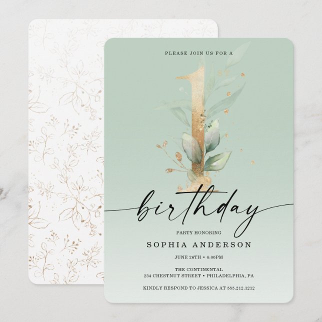 Watercolor Greenery Gold First Birthday 1st Invitation (Front/Back)