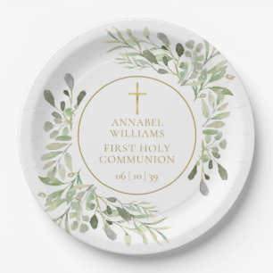 Watercolor Greenery Gold First Holy Communion Paper Plate