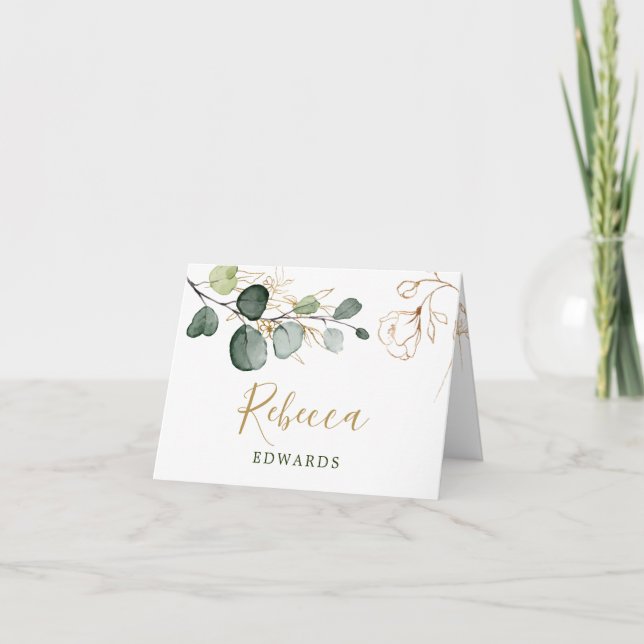 Watercolor Greenery, Gold Floral Place card (Front)