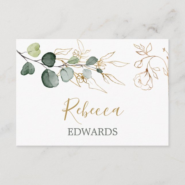 Watercolor greenery, gold floral Place card (Front)