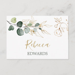 Watercolor greenery, gold floral Place card