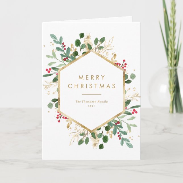 Watercolor Greenery Gold Foil Merry Christmas Holiday Card (Front)