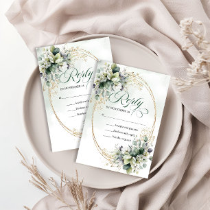 Watercolor Greenery Gold Foliage Wedding Reply RSV RSVP Card