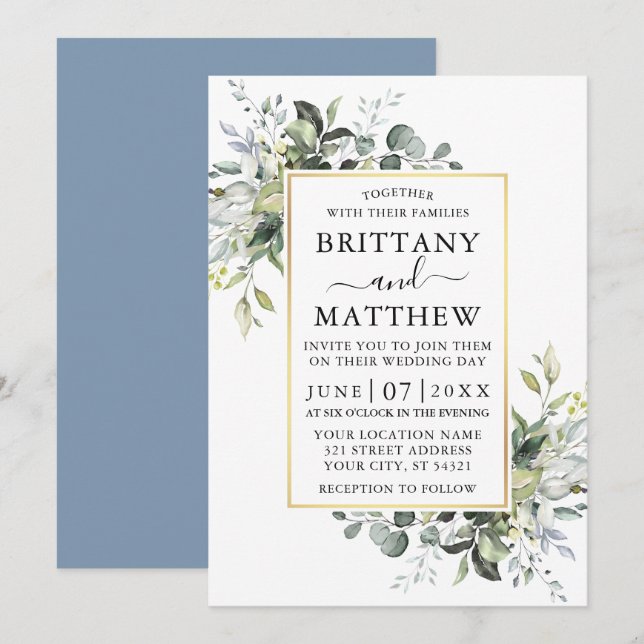 Watercolor Greenery Gold Frame Dusty Blue Wedding Invitation (Front/Back)