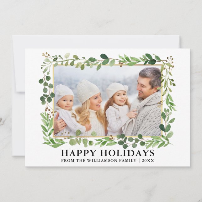Watercolor Greenery Gold Frame Happy Holidays Holiday Card (Front)
