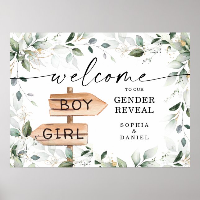 Watercolor Greenery Gold Gender Reveal Welcome Poster (Front)