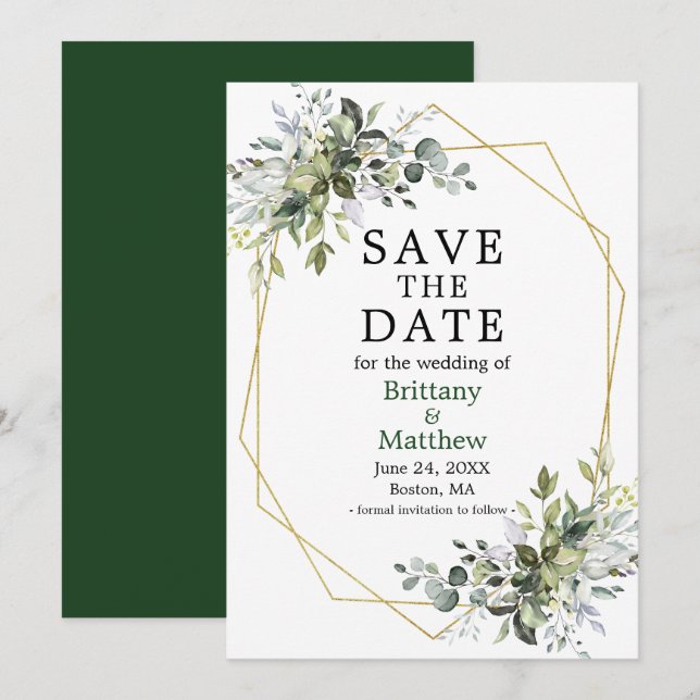 Watercolor Greenery Gold Geo Frame Green Save The Date (Front/Back)