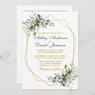 Watercolor Greenery Gold Geo Frame Photo Wedding Invitation
