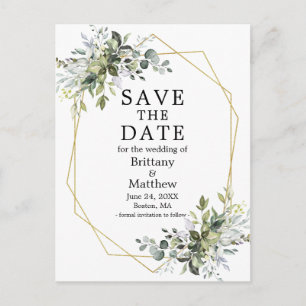Watercolor Greenery Gold Geo Frame Save The Date Postcard