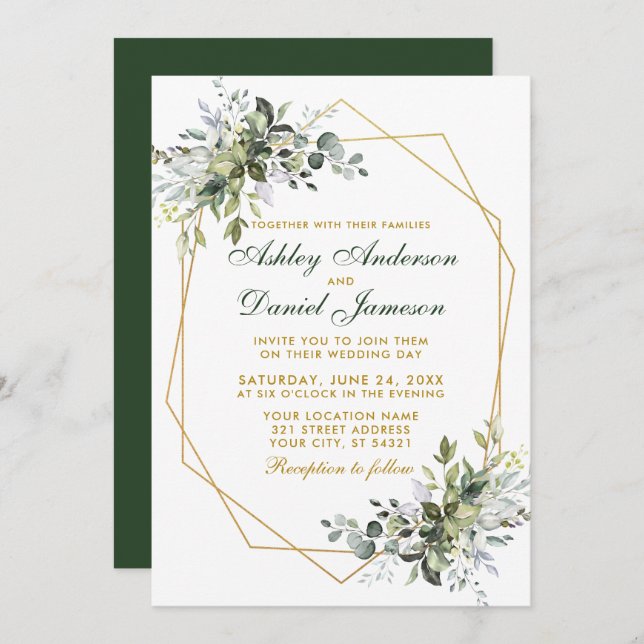 Watercolor Greenery Gold Geo Frame Wedding Invitation (Front/Back)