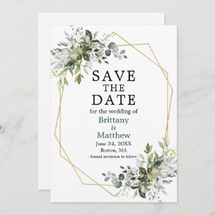 Watercolor Greenery Gold Geo Frame White Green Save The Date