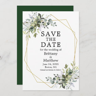 Watercolor Greenery Gold Geometric Frame Green Save The Date