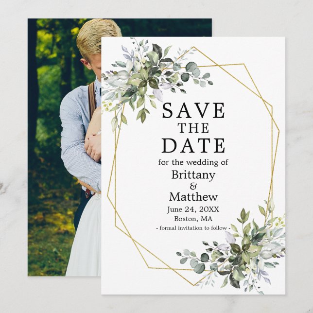 Watercolor Greenery Gold Geometric Frame Photo Save The Date (Front/Back)