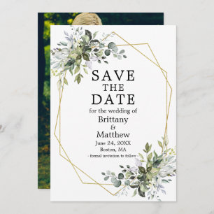 Watercolor Greenery Gold Geometric Frame Photo Save The Date