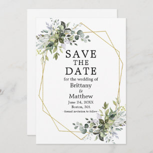 Watercolor Greenery Gold Geometric Frame Save The Date