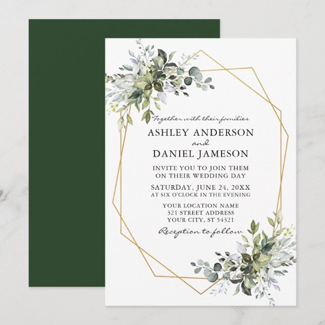 Watercolor Greenery Gold Geometric Frame Wedding Invitation (Front/Back)