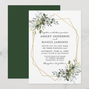 Watercolor Greenery Gold Geometric Frame Wedding Invitation