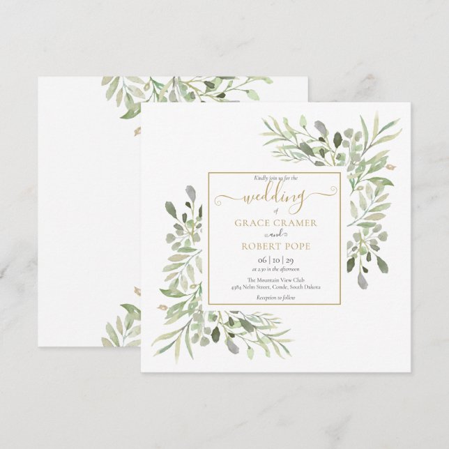 Watercolor Greenery Gold Geometric Script Wedding Invitation (Front/Back)