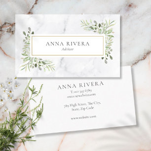 Watercolor Greenery Gold Geometric White Marble Business Card