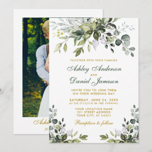 Watercolor Greenery Gold Green Photo Wedding Invitation