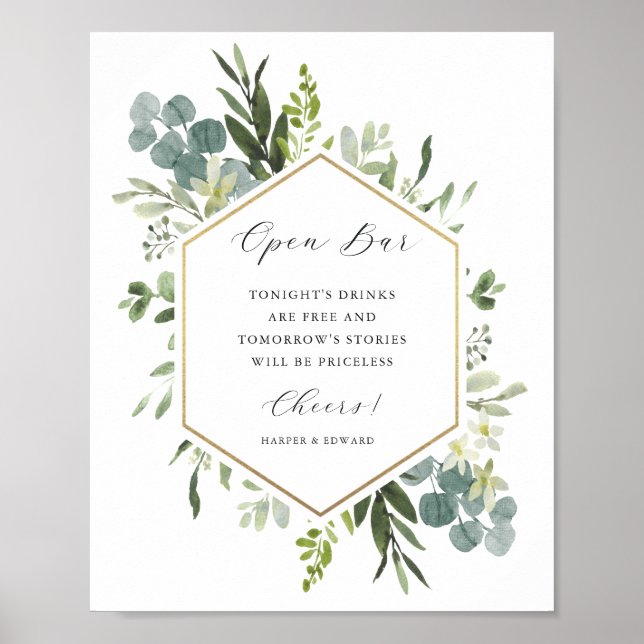 Watercolor Greenery Gold Hexagon Open Bar Sign (Front)