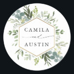 Watercolor Greenery Gold Hexagon Wedding Classic Round Sticker<br><div class="desc">This wedding sticker features painted watercolor eucalyptus,  green leaves,  flowers with a faux gold geometric hexagon frame. For more advanced customisation of this design,  please click the "Customise further" link. Matching items are also available.</div>