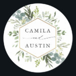 Watercolor Greenery Gold Hexagon Wedding Classic Round Sticker<br><div class="desc">This wedding sticker features painted watercolor eucalyptus,  green leaves,  flowers with a faux gold geometric hexagon frame. For more advanced customisation of this design,  please click the "Customise further" link. Matching items are also available.</div>