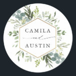 Watercolor Greenery Gold Hexagon Wedding Classic Round Sticker<br><div class="desc">This wedding sticker features painted watercolor eucalyptus,  green leaves,  flowers with a faux gold geometric hexagon frame. For more advanced customisation of this design,  please click the "Customise further" link. Matching items are also available.</div>