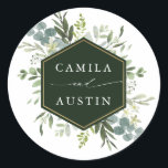 Watercolor Greenery Gold Hexagon Wedding  Classic Round Sticker<br><div class="desc">This wedding sticker features painted watercolor eucalyptus,  green leaves,  flowers with a faux gold geometric hexagon frame. For more advanced customisation of this design,  please click the "Customise further" link. Matching items are also available.</div>