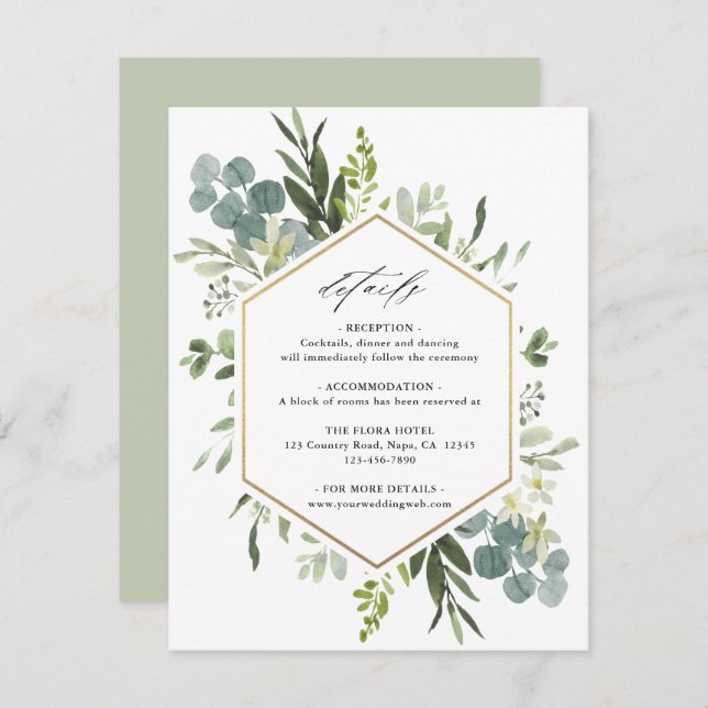 Watercolor Greenery Gold Hexagon Wedding Details Enclosure Card (Front/Back)