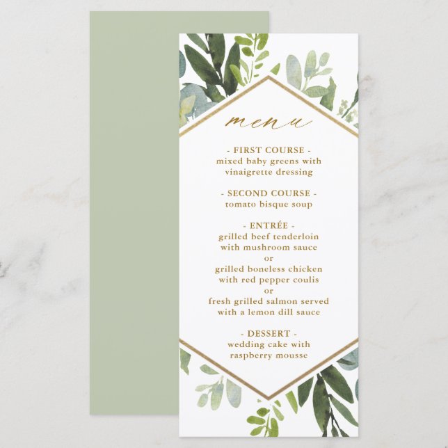 Watercolor Greenery Gold Hexagon Wedding Menu (Front/Back)