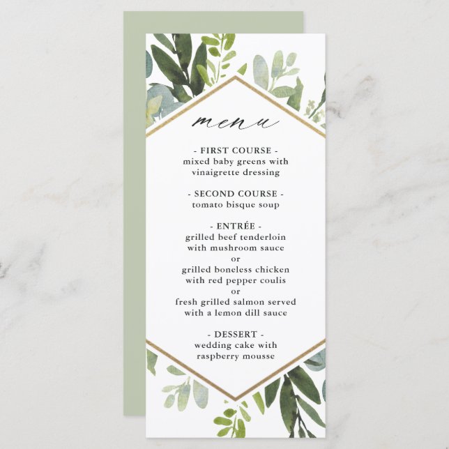 Watercolor Greenery Gold Hexagon Wedding Menu (Front/Back)